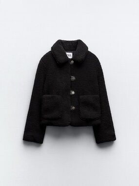 Zara Black Teddy Coat with Gold Buttons NWT